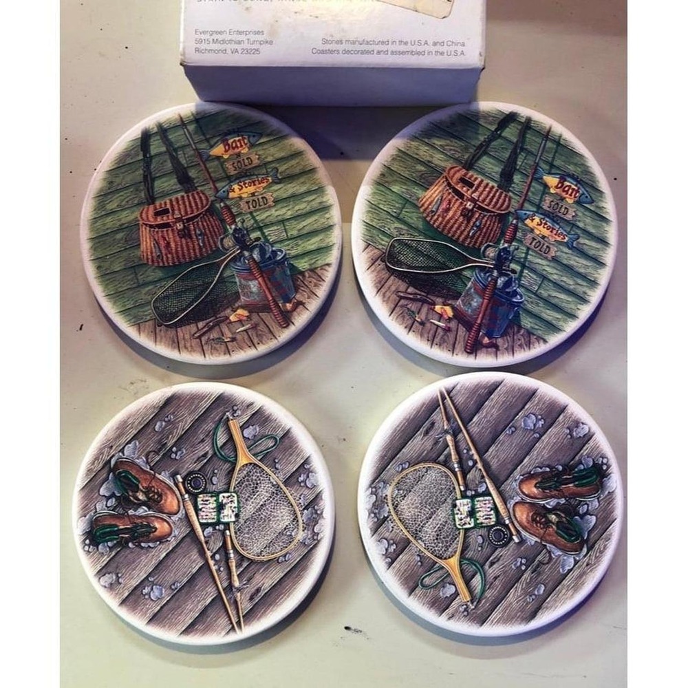 Evergreen Fishing Set of 4 Absorbent Stone Coasters